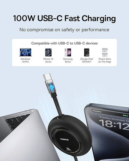 Baseus USB C Cable, 100W 2-Pack 6.6ft Retractable USBC to USBC Fast Charging Cable, 7-Stage Length Preset Retractable Type C 