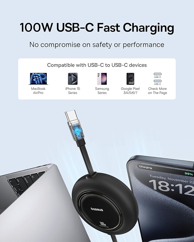 Baseus USB C to USB C Cable, 100W 6.6ft Retractable USB C Fast Charging Cable, 7-Stage Length Preset Retractable Charger Cord