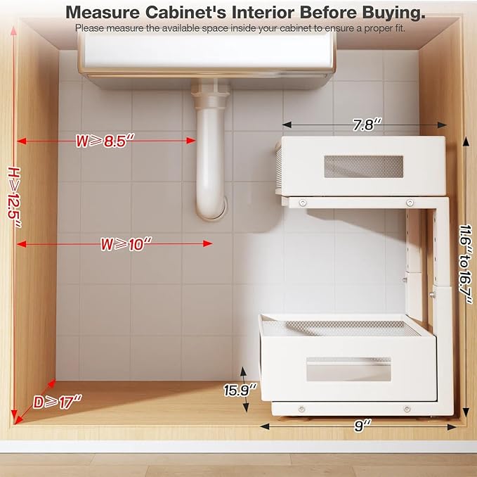 Under Sink Organizer, 2-Tier Dual Pull Out Cabinet Organizer Drawers With Smooth Circular Rail, Large Capacity Metal Mesh Sli