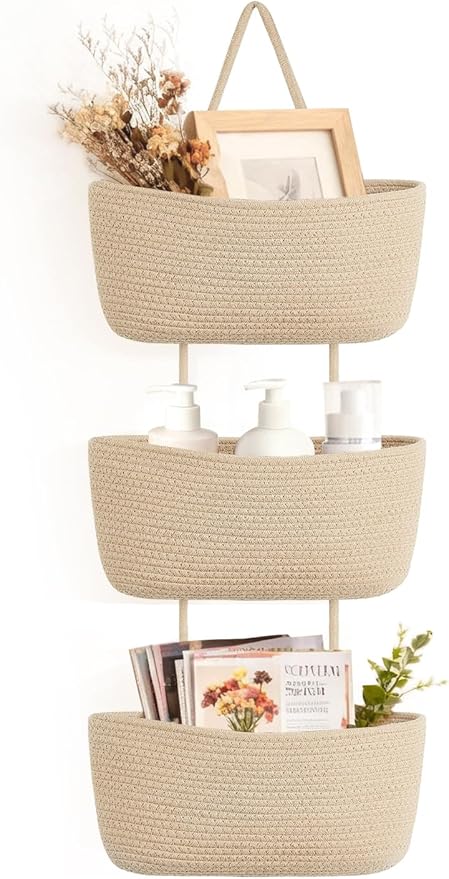 Dahey Over The Door Hanging Basket 3-Tier Woven Boho Wall Mounted Storage Organizer with Hooks for Bedroom Nursery Bathroom A