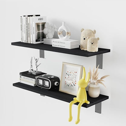 Floating Shelf Board for Wall 5/8" – No Brackets – 24" L x 10" W x 0.6" T Black Wood Melamine Wood Floating Shelves for Bathr