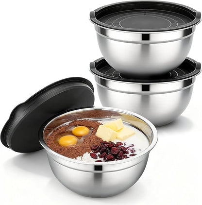 Beasea Stainless Steel Mixing Bowl Set of 3, 2 QT Stackable Metal Mixing Bowls with Lids for Baking, Prepping, Serving, Stainless Nesting Bowl with Black Lids for Kitchen, Salad, Dough