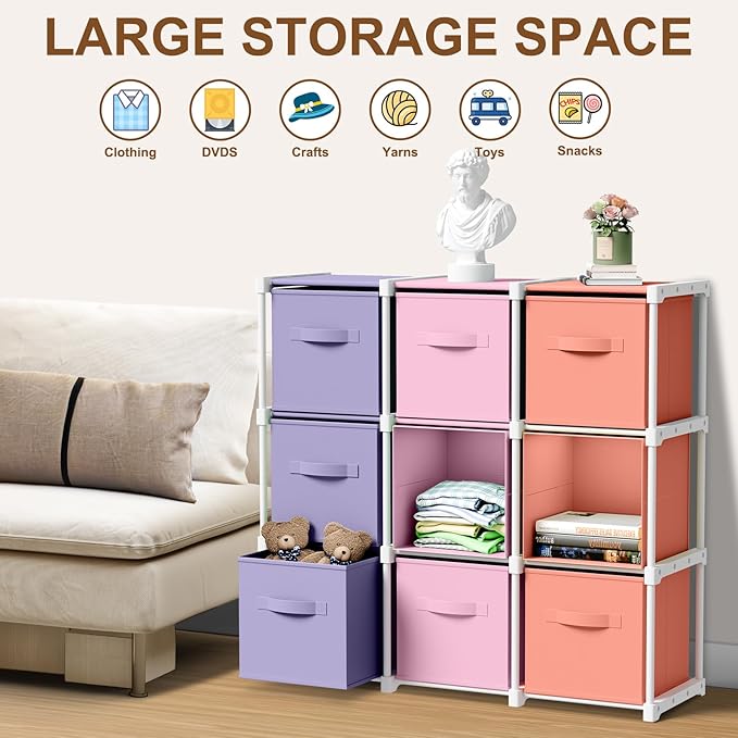 9 Cube Storage Organizer with Shelf Back to School Boxes 11 Inch Toy Storage Bins Closet Organizers Drawers Fabric Dresser fo