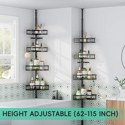 HEVEL Corner Shower Caddy Tension Pole, Adjustable Shower Organizer Corner 62-115 Inch, Rustproof Bathroom Storage Shower She