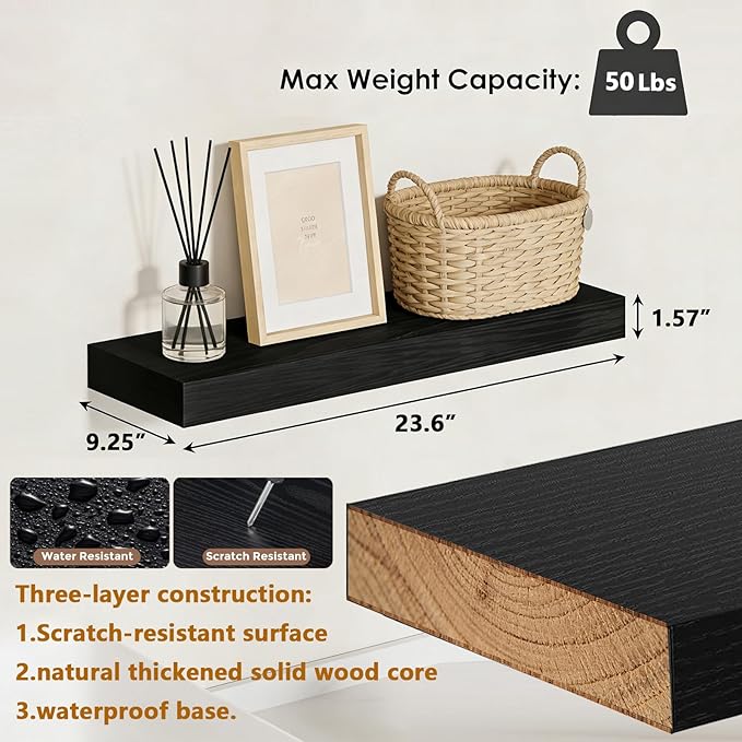 23.6 inch Black Floating Shelves Set of 2, Solid Wood Wall Mounted Shelves, Heavy Duty Display Storage Shelves for Bedroom, L