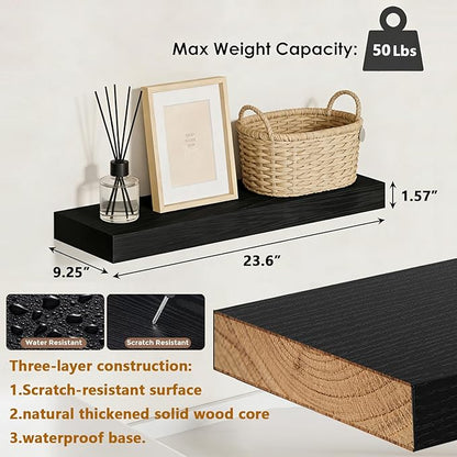 23.6 inch Black Floating Shelves Set of 2, Solid Wood Wall Mounted Shelves, Heavy Duty Display Storage Shelves for Bedroom, L