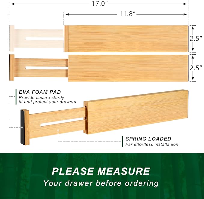 4 Pack Bamboo Drawer Dividers 2.6" High, Adjustable Length from 12 Inch to 17 Inch, Expandable Kitchen Drawer Organizer Separ