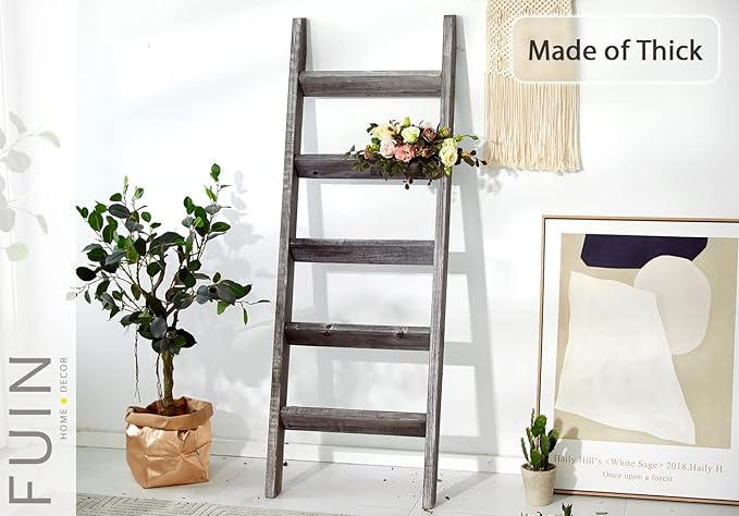 FUIN 5ft (58") Wood Blanket Ladder Living Room Decorative Wall Leaning Farmhouse Quilt Display Holder Rustic Wooden Towel Rac