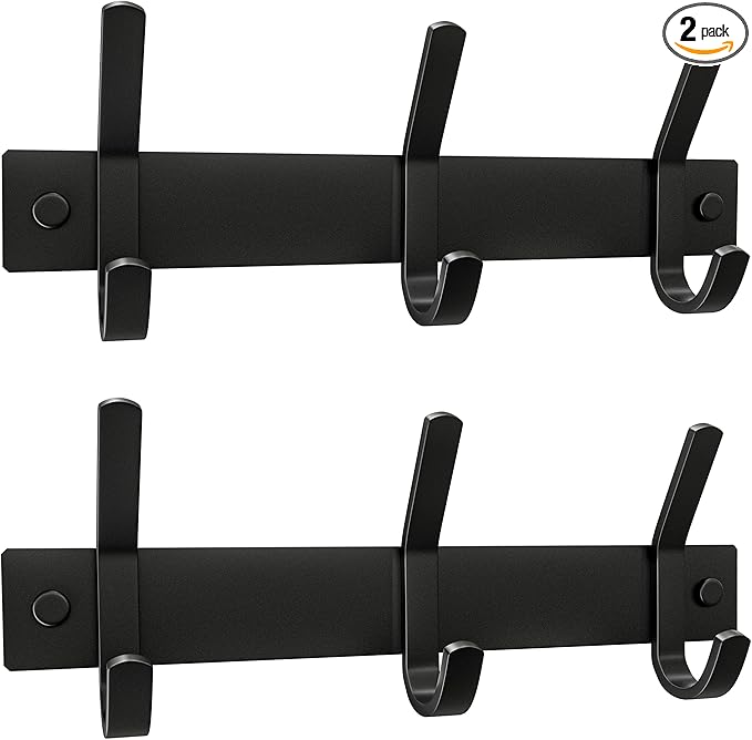 Matte Black Small Coat Rack Wall Mount – 9 Inch Stainless Steel Hook Rail with 3 Double Coat Hooks – Wall Mounted Entryway Or