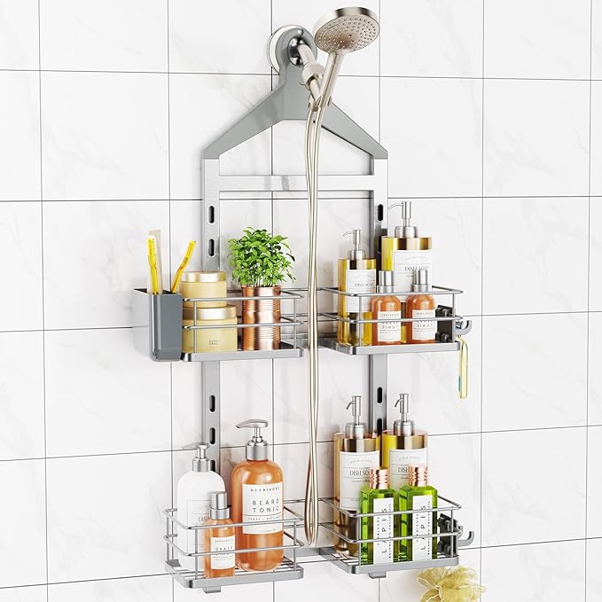 ODesign 2 Tier Height-Adjustable Shower Caddy Hanging Anti-Swing-Over The Shower Head Caddy-Storage Organizer Bathroom Shelve