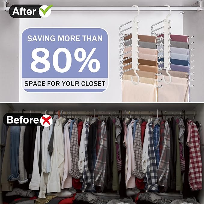 Upgrade 9 Layers Pants Hangers Space Saving, 2 Pack Pant Hangers Organizer Multifunctional Pants Rack Space Saver Closet Orga