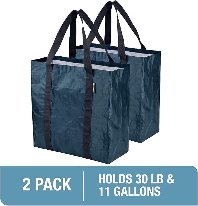 CleverMade Tall Frakta Reusable Grocery Tote - 42L - Pack of 2 - Ocean Blue - Collapsible Storage Shopping Organizer - Heavy 