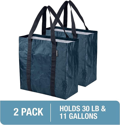 CleverMade Tall Frakta Reusable Grocery Tote - 42L - Pack of 2 - Ocean Blue - Collapsible Storage Shopping Organizer - Heavy 