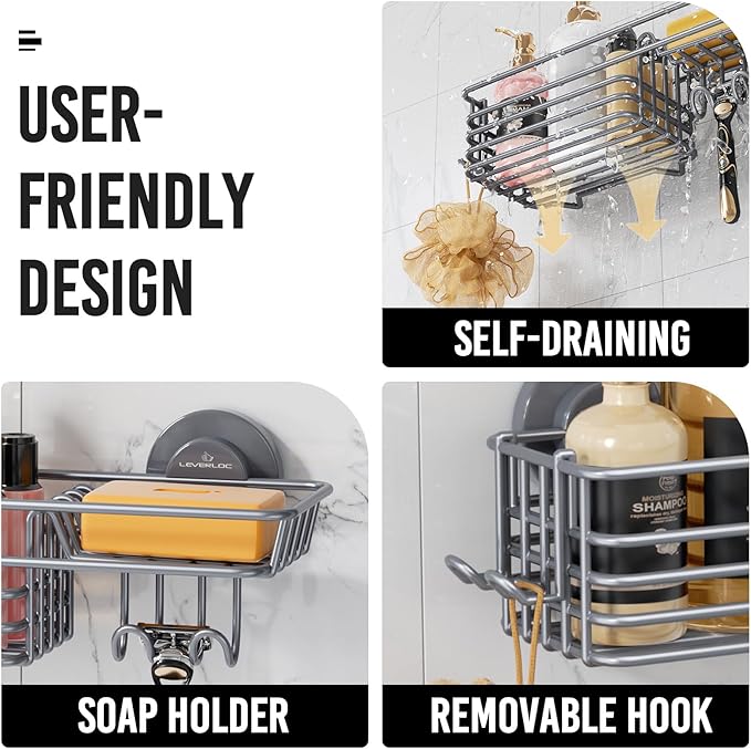 LEVERLOC Shower Caddy Suction Cup, Heavy Duty Bathroom Organizer for Inside Shower with Hooks & Soap Holder， NO-Drilling Bath