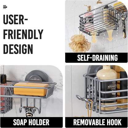 LEVERLOC Shower Caddy Suction Cup, Heavy Duty Bathroom Organizer for Inside Shower with Hooks & Soap Holder， NO-Drilling Bath