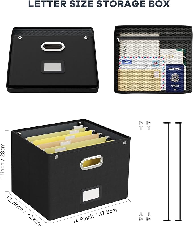 2 Pack File Organizer Box with Lid, Large Hanging Filing Box with Mesh Pocket, Document Organizer for Letter Files, Portable 