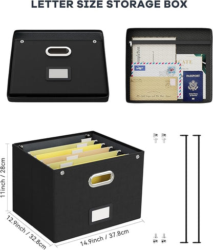 2 Pack File Organizer Box with Lid, Large Hanging Filing Box with Mesh Pocket, Document Organizer for Letter Files, Portable 
