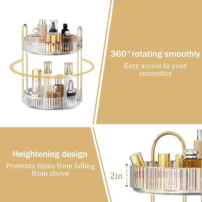 MOKANI 360 Rotating Makeup Organizer for Vanity, 2 Tier Adjustable Perfume Organizer for Dresser, Multi-Function Spinning Cos