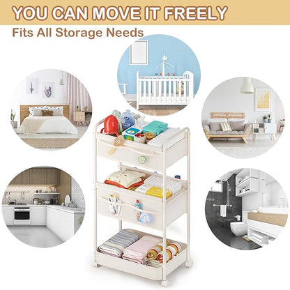 Baby Diaper Caddy, Premium Metal& Felt Movable Cart with Dividers for Newborn Nursery Essentials, Large Capacity Rolling Diap