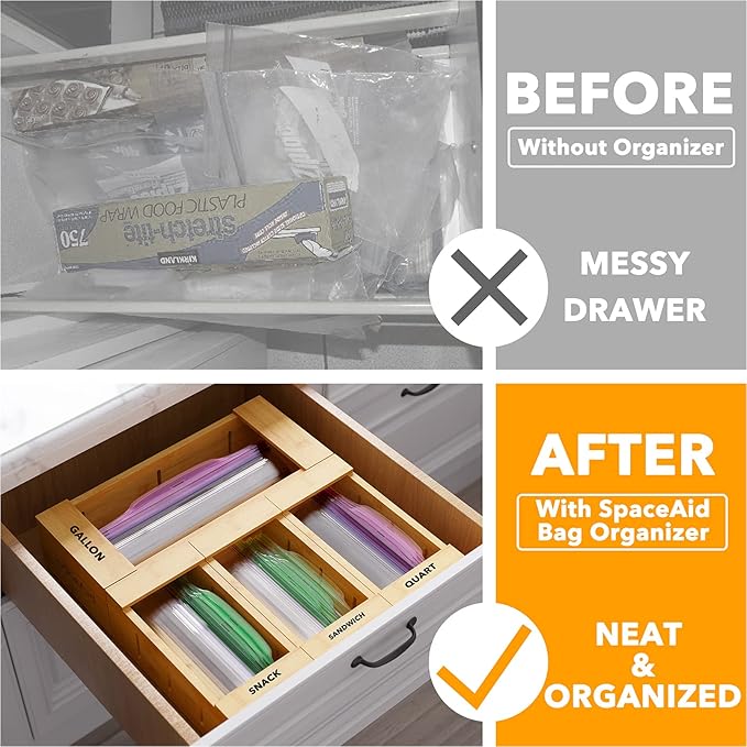 SpaceAid Bamboo Drawer Dividers with Inserts and Labels, 4 Dividers with 9 Inserts (17-22 in), Bag Storage Organizer (4 Pack)
