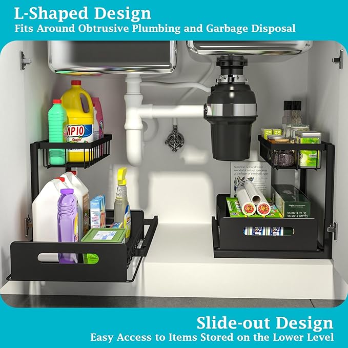 REALINN Under Sink Organizer, Pull Out Cabinet Storage 2 Tier Slide Out Sink Shelf, Kitchen Organizers and Storage, Black, 1 