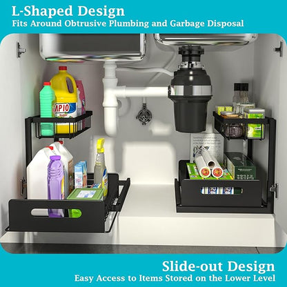 REALINN Under Sink Organizer, Pull Out Cabinet Storage 2 Tier Slide Out Sink Shelf, Kitchen Organizers and Storage, Black, 1 