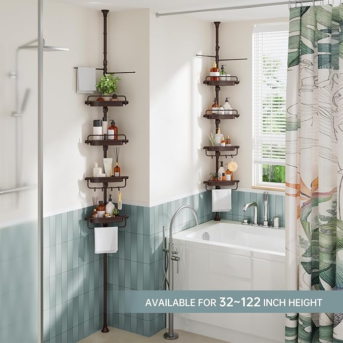 Corner Shower Caddy Tension Pole Brown Shower Caddy 18/8 Stainless Steel Rustproof 4 Tier Adjustable Shower Organizer Bathroo