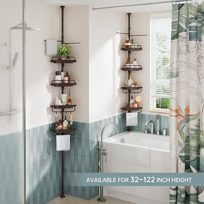 Corner Shower Caddy Tension Pole Brown Shower Caddy 18/8 Stainless Steel Rustproof 4 Tier Adjustable Shower Organizer Bathroo