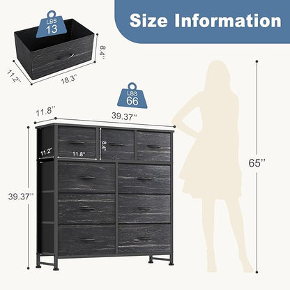 DUMOS 9 Drawer Dresser for Bedroom, Fabric Storage Organizer with Sturdy Metal Frame, Wooden Top Chest of Drawers for Closet 