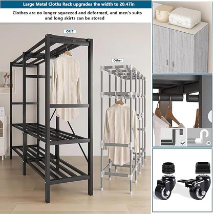 Heavy Duty Covered Clothes Rack with Magnetic Door Foldable Portable Wardrobe Closet for Hanging Clothing Rolling Black Metal