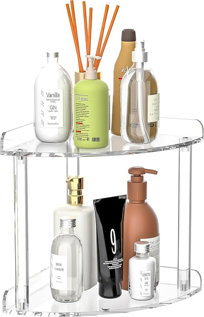 Sezanrpt 2 Tier Countertop Corner Organizer Shelf 7x7x8 Inch, Acrylic Bathroom Organizer Corner Shelf for Countertop, Clear V