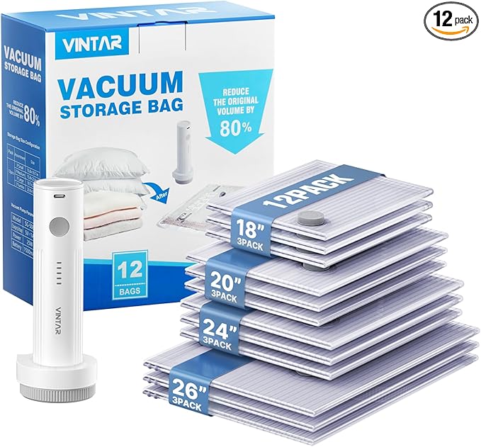 Vacuum Seal Bags for Clothing Travel, VINTAR 12 Pack Vacuum Storage Bags with Rechargeable Wireless Pump, Space Saver Bags(3 