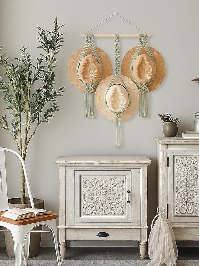 Tissting Macrame Hat Hanger 7 Styles Wall Mounted Organizer - Boho Home Decor Storage Solution for Wide Brim Hats Caps Displa
