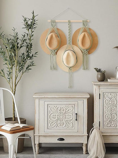 Tissting Macrame Hat Hanger 7 Styles Wall Mounted Organizer - Boho Home Decor Storage Solution for Wide Brim Hats Caps Displa