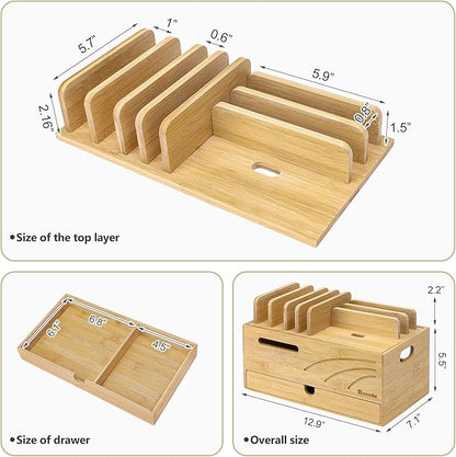Homde Natural Bamboo Charging Station Rack for Multiple Devices Cable Cord Management Box Organizer Holder with 6 Slots Drawer for Chargers Phones Tablets Watches Electronics (Natural)