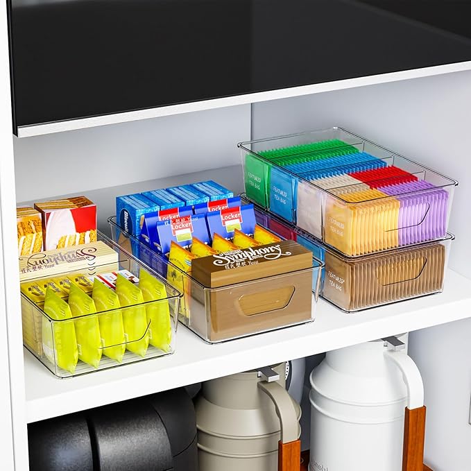 Stackable 6 Pack Snack Organizer for Pantry Shelf,Clear Pantry Organizers and Storage Bins for Fridge,Office,Cupboard,Plastic