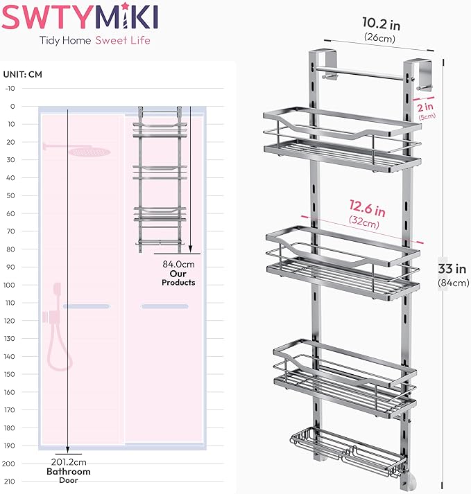 SWTYMIKI Over the Door Shower Caddy - 4 Tier Adjustable Shower Organizer Hanging with Soap Holder, No Drilling Stainless Stee