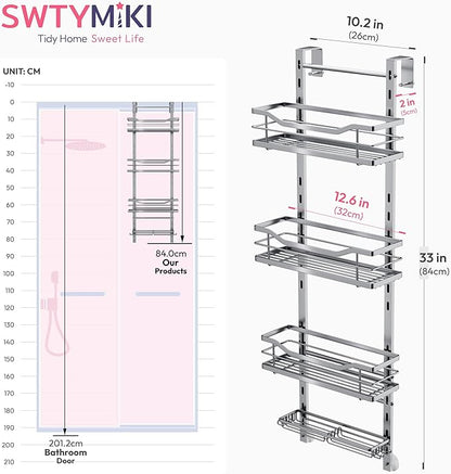 SWTYMIKI Over the Door Shower Caddy - 4 Tier Adjustable Shower Organizer Hanging with Soap Holder, No Drilling Stainless Stee