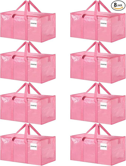 8 Pack Extra Large Heavy Duty Moving Bags, Pink Storage Bins with Lids, Reinforced Handles & Heavy-Duty Zippers Moving Boxes 