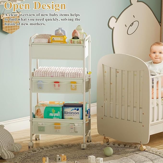 3-Tier Baby Diaper Caddy Cart Organizer,Mobile Nursery Storage Carts with Wheels,With 2 Dividers&14 Mesh Pockets Durable Meta