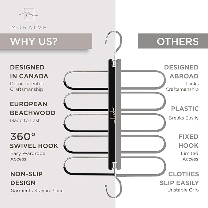 MORALVE Pants Hangers Space Saving - European Beechwood Scarf and Jean Hangers - Closet Organizer and Space Saver Pant Rack, 