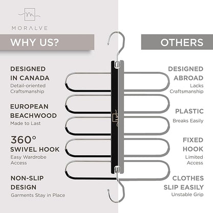 MORALVE Pants Hangers Space Saving - European Beechwood Scarf and Jean Hangers - Closet Organizer and Space Saver Pant Rack, 
