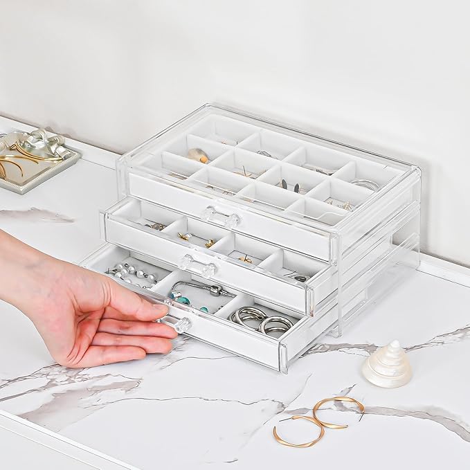 ProCase Earring Holder Organizer Jewelry Box with 3 Drawers, Acrylic Clear Earring Case with Adjustable Velvet Trays for Wome