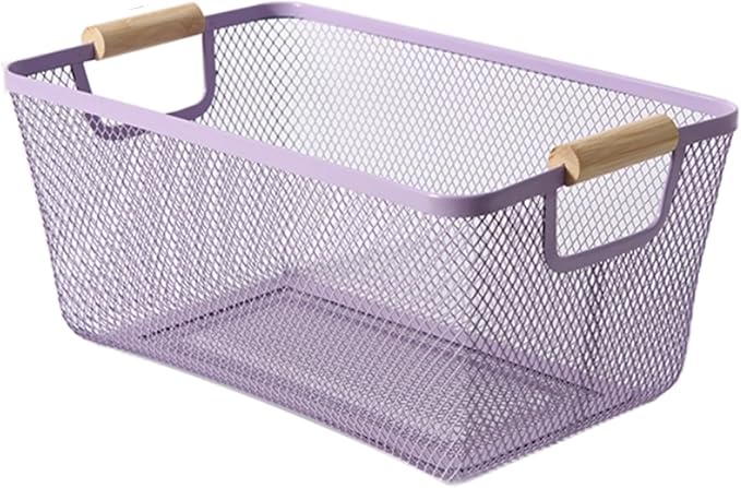 AJIODA Metal Mesh Steel Basket, Large Wire Storage Organizer Basket Multi-function Hanging Kitchen Baskets with Wood Handle f