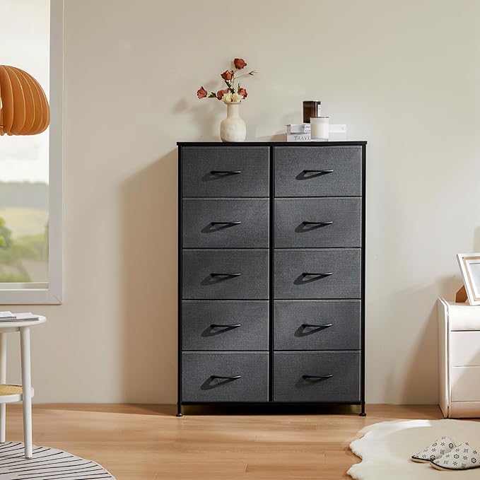 DUMOS Dresser for Bedroom, 10 Storage Drawers, Wide Fabric Closet Chests Organizer Tower Furniture with Wooden Top Metal Fram