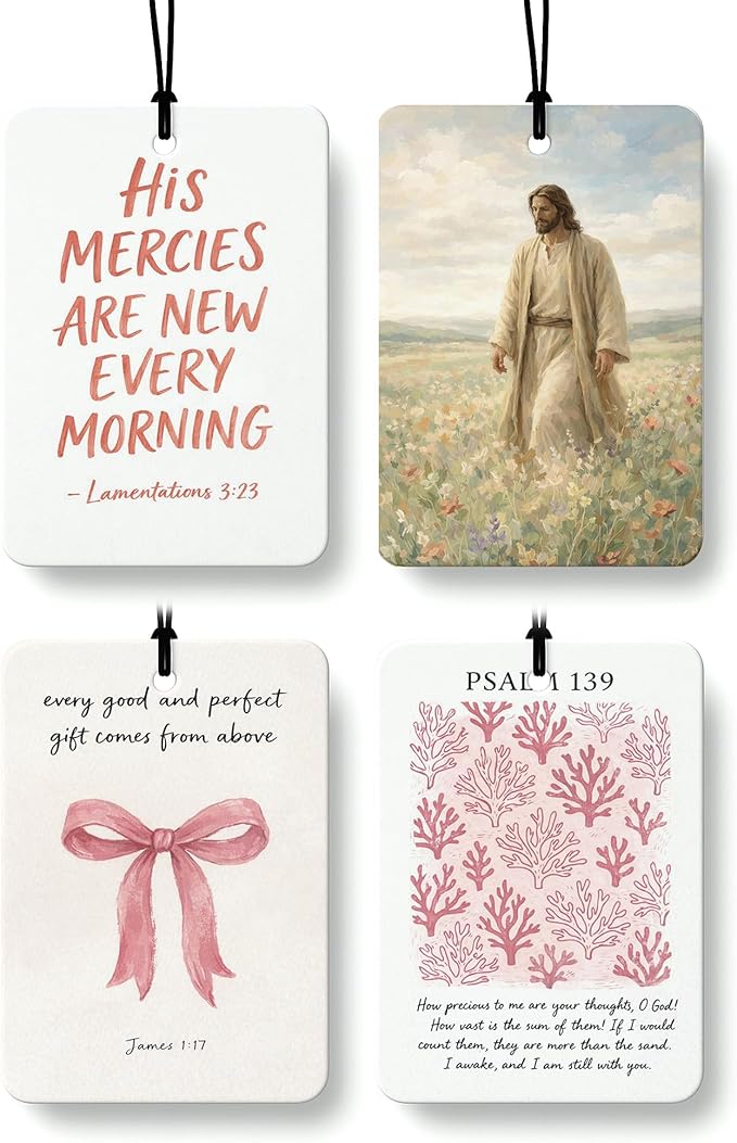 Pink Christian Jesus Air Freshener 4 Pcs, Coastal Seagrass Bow Bible Verse Religious Hanging Air Freshener for Cars Closet Dr