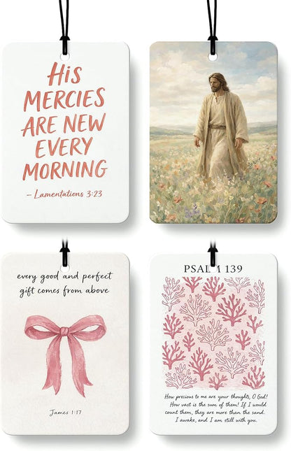 Pink Christian Jesus Air Freshener 4 Pcs, Coastal Seagrass Bow Bible Verse Religious Hanging Air Freshener for Cars Closet Dr