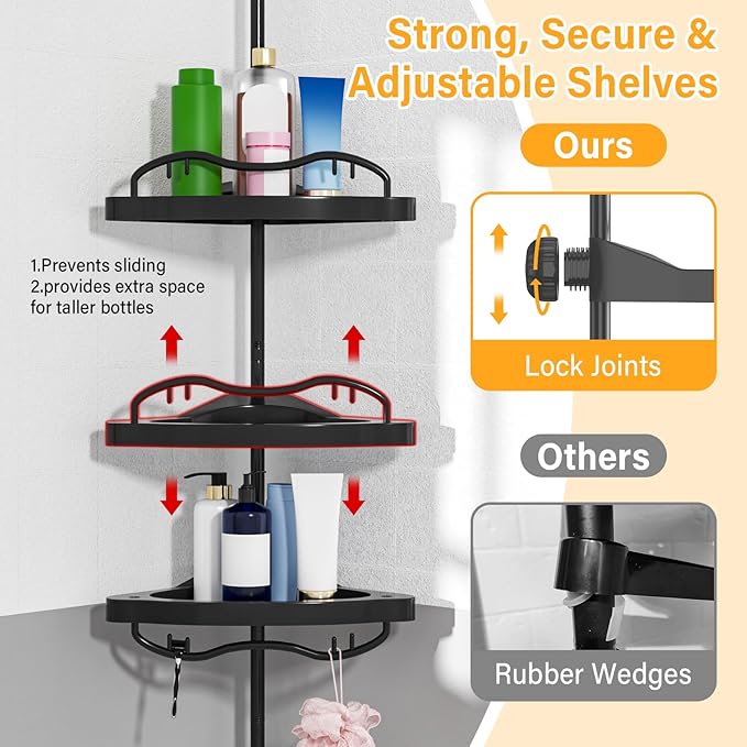 Black Corner Shower Caddy Tension Pole - Heavy Duty Rustproof Stainless Steel Shower Organizer with 4 Adjustable Shelves, No-