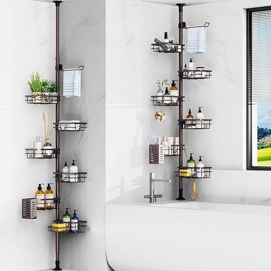 Mixoo Corner Shower Caddy Tension Pole - Adjustable 30 to 120 Inch Shower Organizer with 6 Shelves, Towel Rack, Toothbrush Ho