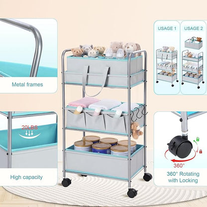 FoldTier 2in1 Colorful Baby Diaper Caddy Organizer Cart 3 Tier Large Capacity Metal Utility Bedside Rolling Cart with Divider